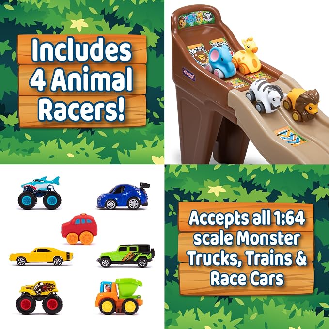 Simplay3 Safari Adventure Race Track, Dual Lane Toddler Racetrack, Car Ramp Toy for Indoor or Outdoor Play, 4 Toy Animal Cars Included, Made in USA
