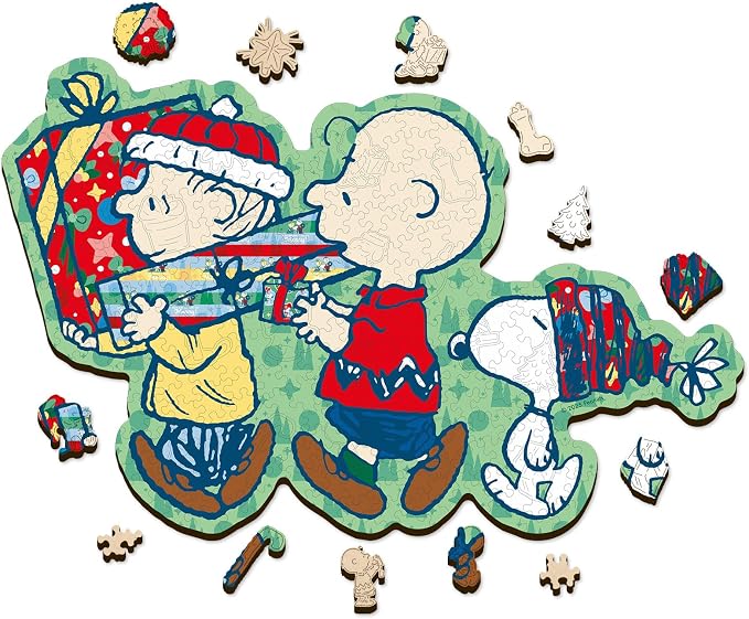 Peanuts Christmas Puzzles for Adults – Snoopy, 300 Pieces Unique Shaped Charlie Brown Wooden Jigsaw Puzzles, 5MM Thick, Officially Licensed Merchandise – Merry Unwrapping, 16.5" x 10.5"