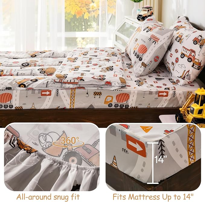 DJY Zipper Bedding Set Full, Cars Bedding Sets for Boys, Kids Construction Comforter Set with Fitted Sheet Pillowcases, All in One Zipper Bed Set for All Seasons
