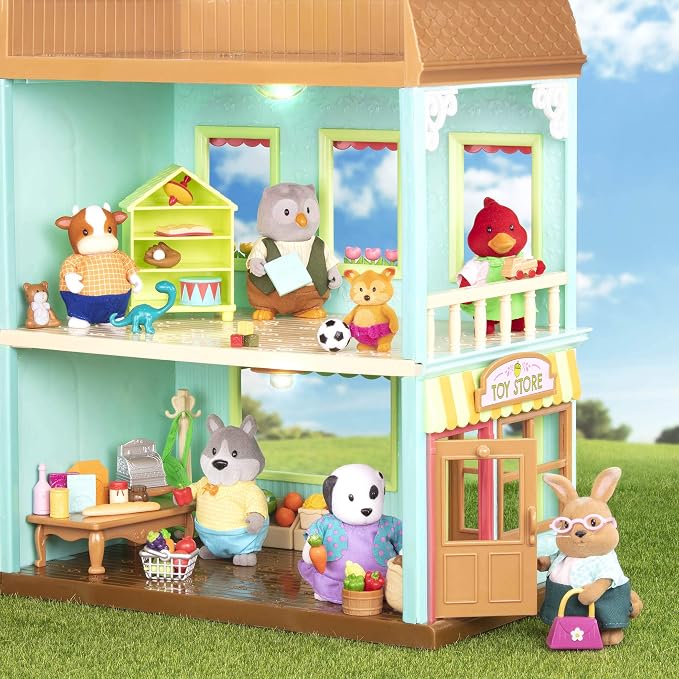 Li'l Woodzeez – Honeysuckle Square Market & Shopping Playset with 24 Pieces, Miniature Animal Figures & Accessories for Imaginative Play, 3+ Years
