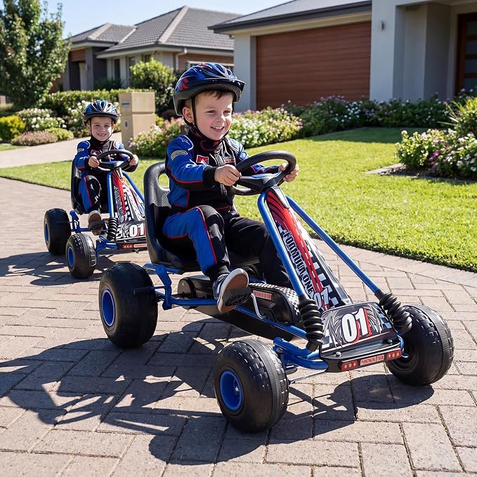 Costzon Pedal Go Kart, 4 Wheel Ride on Toy Pedal Car with Adjustable Seat, Forward/Backward & Handbrake, Outdoor Bicycle Go Cart with Wear-Resistant Wheels, Gift for Boys and Girls (Blue)
