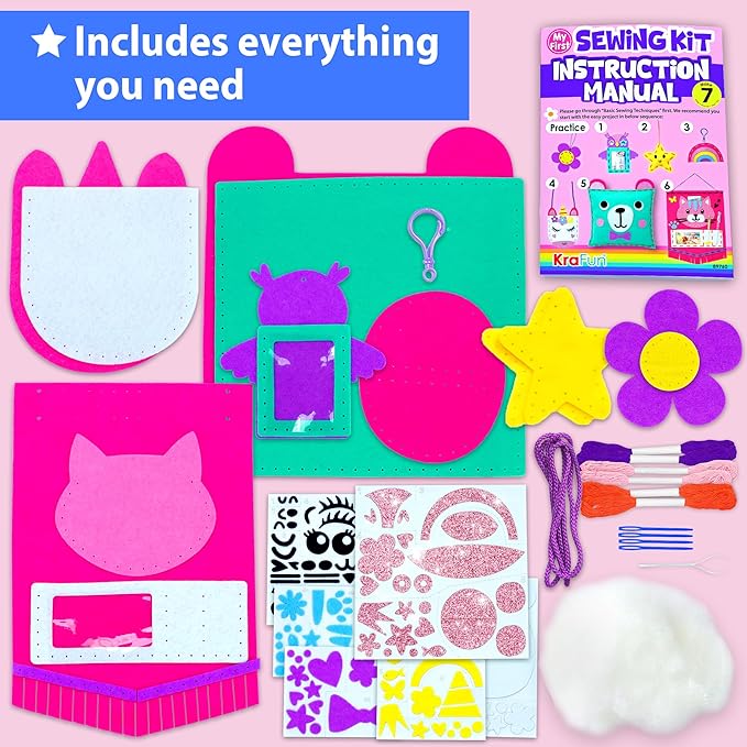 KRAFUN My First Sewing Kit for Beginner Kids Ages 6-12, 7 Easy DIY Projects of Stuffed Animal Dolls & Plush Pillow Craft, Pre-Punched Felt & Instructions, Gift for Girls Boys, Learn to Sew, Embroidery