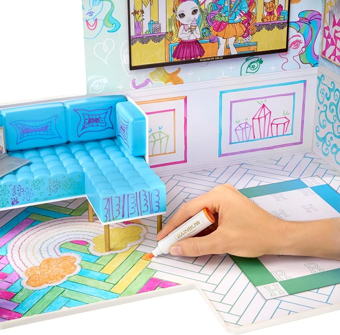 Rainbow High Color & Play 3-Story Doll House, Design All Walls & Floors with Washable Markers, Wood Playset Includes Toy Furniture and Accessories, Gift for Kids 4+