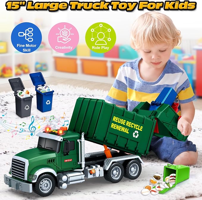 SpringFlower Toy for 3 4 5 6 7 Years Old Boy,15" Large Garbage Truck Toys for Kids,Friction Powered Garbage Truck with Sound and Light, Trash Bins,Learning Cards,Birthday Gifts for Boys & Girls