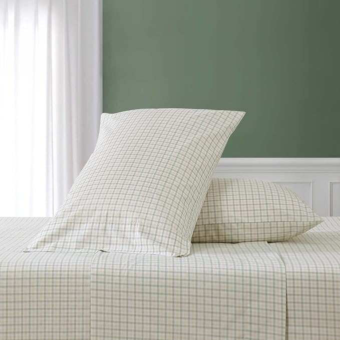 Nautica - Queen Size Sheets Set, Crisp & Tailored Coastal Bedding with a Smooth Cotton Percale, Bed Sheets with Matching Pillowcases & Fitted Sheet (Calm Seas Gingham Green)