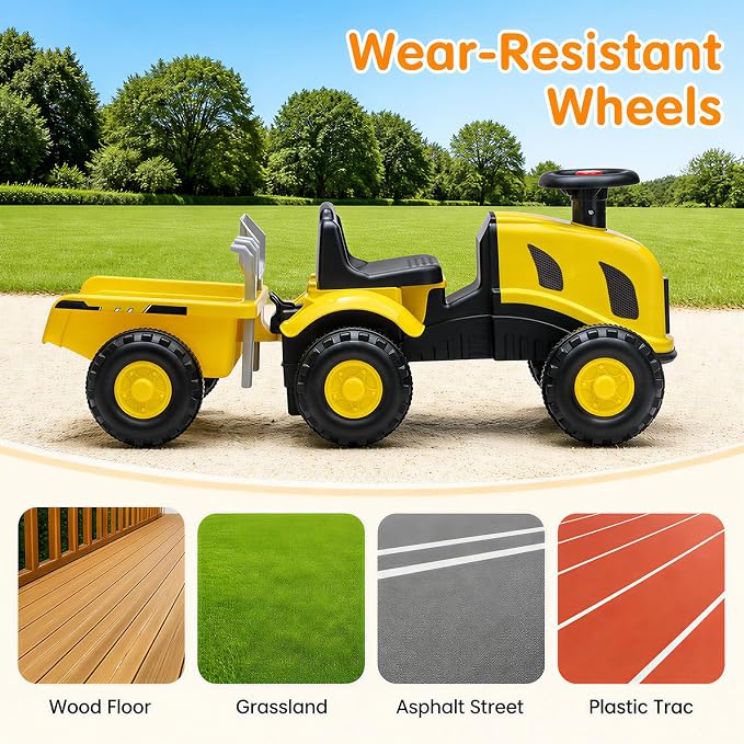 Kids Ride on Tractor, 2 in 1 Foot to Floor Push Car w/Detachable Trailer, Horn, Rake & Shovel, No Power Sliding Toy Gift for Toddlers, Outdoor Ride on Construction Vehicle (Yellow)