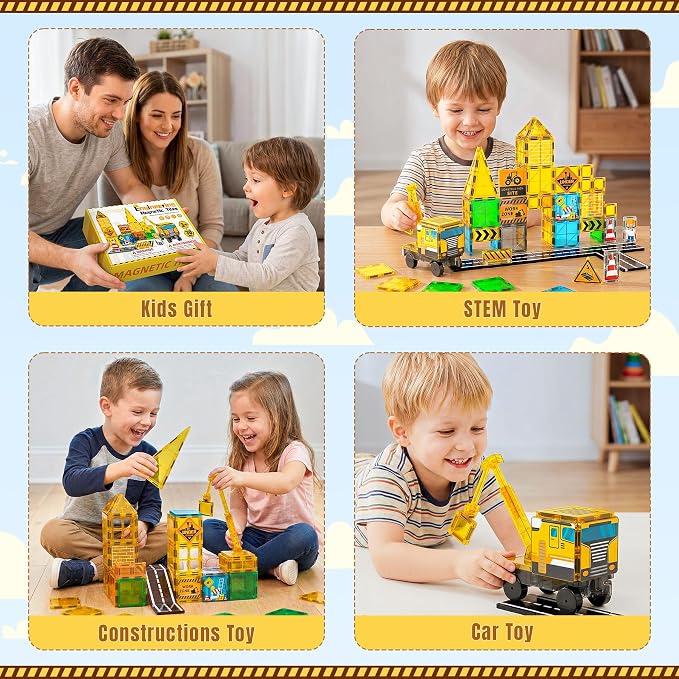 SKTMYY Magnetic Tiles for Kids, Construction Toys with Crane Road Truck Magnets Building Blocks Gifts for Kids Ages 3-5 4-8 Montessori Preschool Educational STEM Toy Gifts for 3+ Years Old Boys