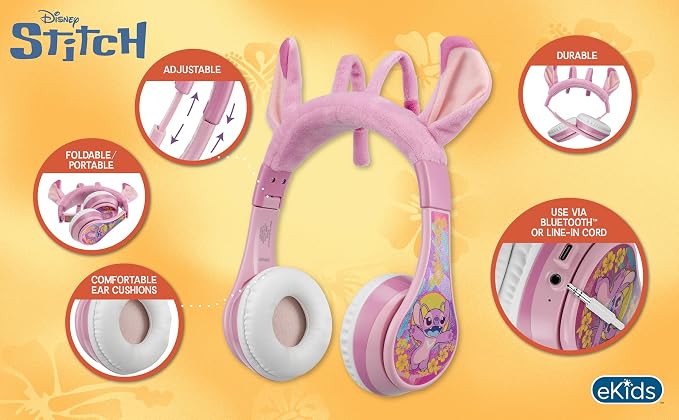 Disney Stitch Angel Bluetooth Headphones for Kids, Wireless Headphones for School, Home, or Travel (Angel)