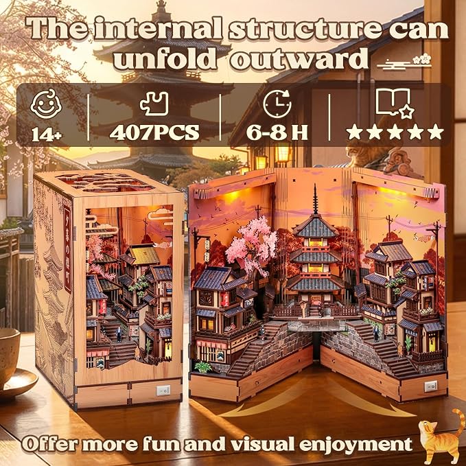 CUTEBEE Book Nook Kit - DIY Miniature House Japanese Street Diorama, Fold-Out Dollhouse Booknook for Adults, Tiny House Bookshelf Decor 3D Wooden Puzzle Gifts (Twilight Sakura Path)