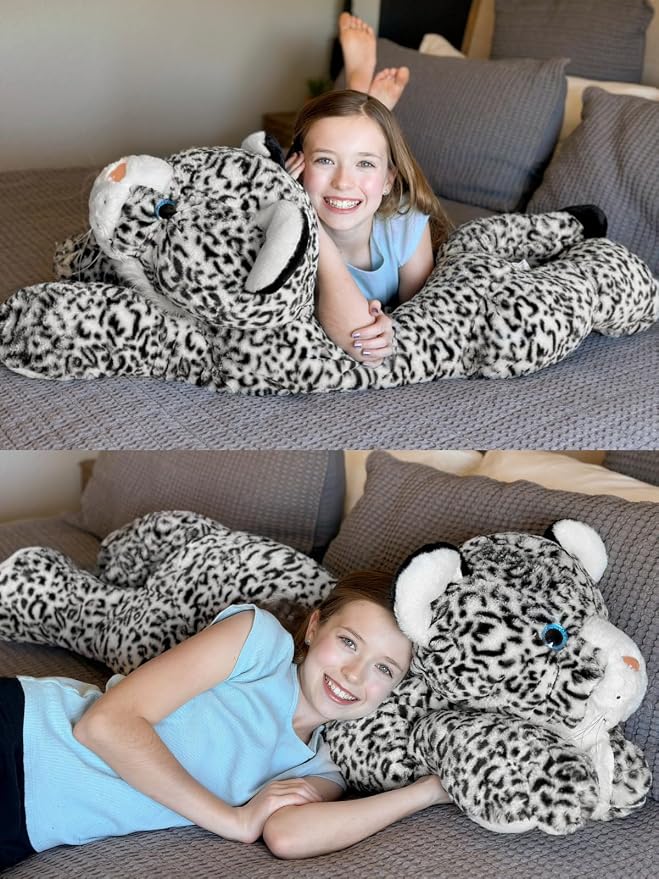 MorisMos Giant Snow Leopard Stuffed Animal Plush Pillow 4ft, 47" Extra Large Stuffed Cheetah Pillow for Kids & Adults,Realistic Snow Leopard Plush for Christmas Birthday Gift Safari/Jungle Party Decor