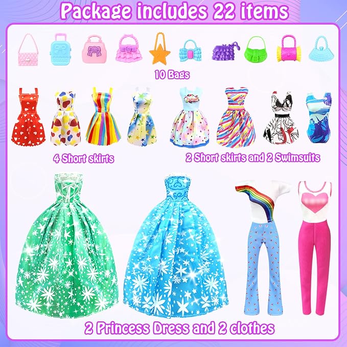 Doll Clothes and Accessories for 11.5 Inch Doll Dress up Set with Princess Gowns Fashion Dresses Outfits Tops and Pants Bags Gift Toys for Girls 4 5 6 7 8 9 10 Years Christmas Birthday
