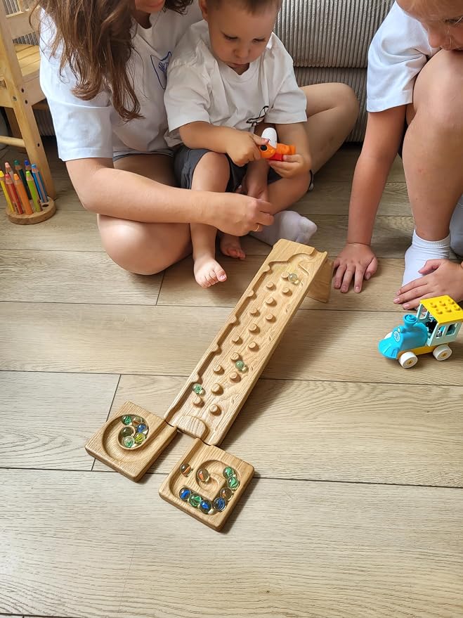 Wooden Marble Run Track Race Machine Set Maze Board Ball Run Montessori STEM Toy Gift for Kids Course Winding Roller Track Game Educational Construction Toy Gift for Kids (Rocks)