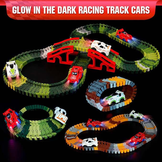 Save Unicorn Tracks Cars only Replacement,Track Cars for Tracks Glow in The Dark, Car Tracks Accessories with 3 Flashing LED Lights, Compatible with Most Tracks Car for Kids Boys(4pack)