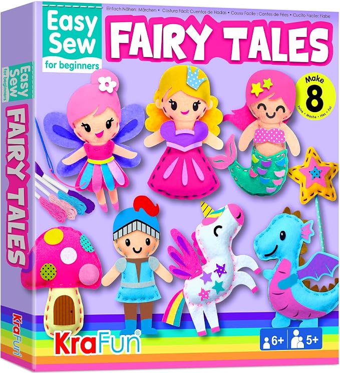 KRAFUN Easy Sew Fairy Tales Sewing Kit for Kids Beginners, Make 8 DIY Felt Plush Toys with Pre-Punched Holes, Arts & Crafts for Girls Ages 5-10