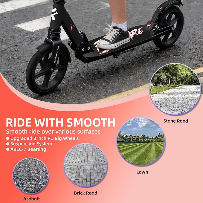 FREEDARE Kick Scooter for Kids & Adults Ages 8+, Foldable Teen Scooter with 2 Big 8-inch Wheels and 4-Level Adjustable Handlebar, Max Load 220 LBS