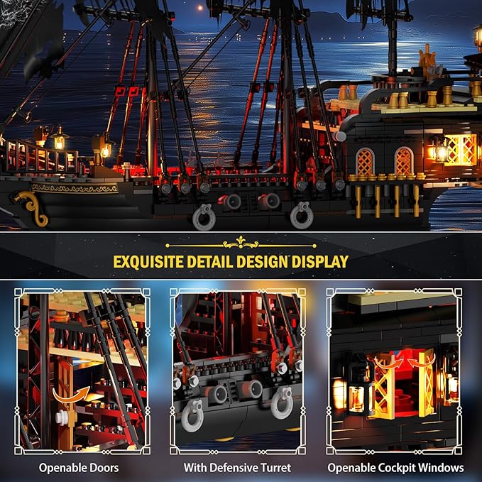 Pirate Ship Model Building Set for Adults Boys Girls, Black Pearl Ship Model with Light, Sail Boat Construction Toys, Collectible Display Home Office Decor, Birthday Gifts（1713 Pieces）