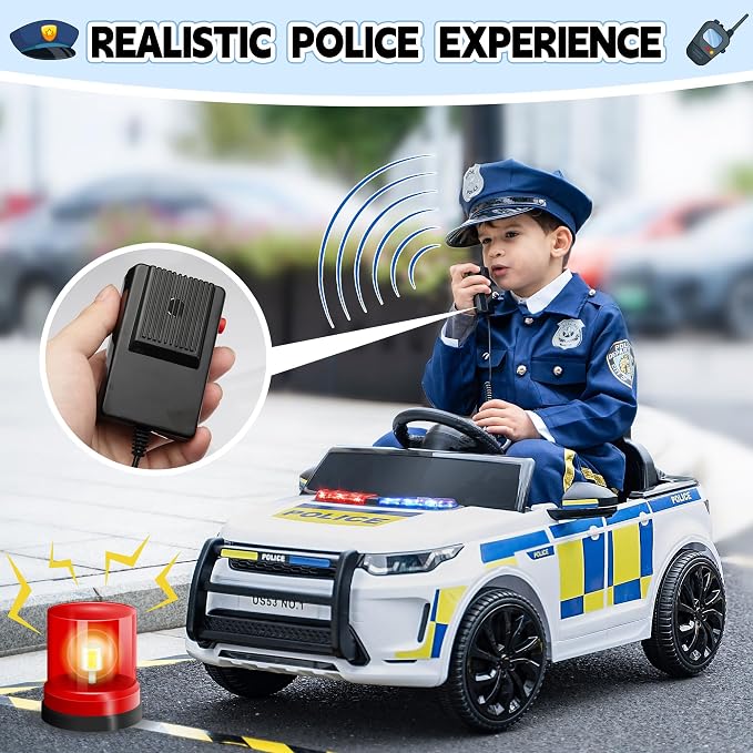 TOBBI Kids Electric Ride On Police Car, Toddlers Battery-Powered Cop Toy to Drive, 27W 4-Wheels Vehicle with Parental Remote Control/Soft Start/3 Speeds/Horn & LED for Children Ages 1-6 Years-White