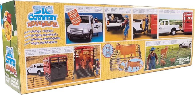 Big Country Toys: Truck & Cattle Trailer Adventure - 18pc Farm Toy Playset, Light-Sound White Pickup, Articulated Animals & Rancher Figure, Kids 3+