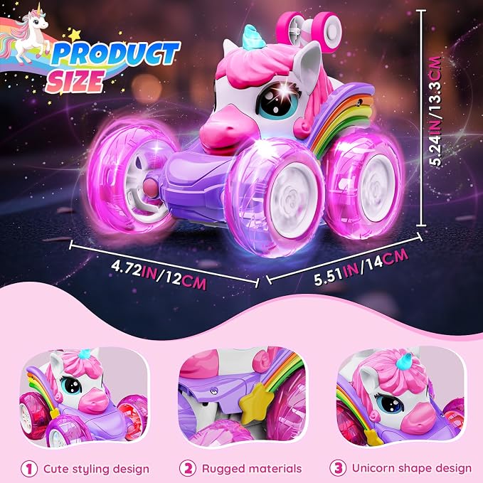 Unicorn Remote Control Car Toys for Girl - 360° Rotating Pink RC Stunt Cars 4WD Remote Cars for Kids, 2.4GHz Toy Car with LED Lights, Birthday Gift for 3 4 5 6 7 8 9 Year Old Girl