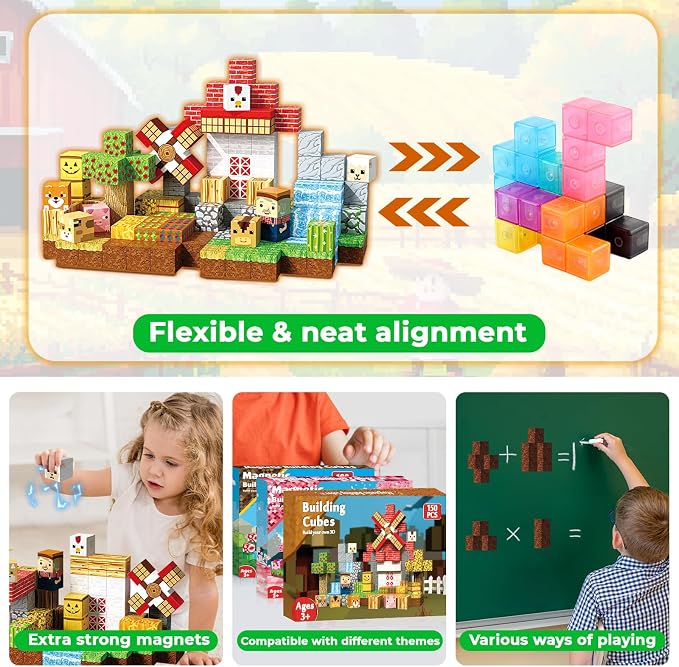 150 PCS Magnetic Blocks - Farm Animals Magnetic Building Blocks, Stacking Magnet Cubes for Kids, Magnetic Construction Toy for Boy Girl, STEM Montessori Sensory Toy for Ages 3-12 Birthday Gift
