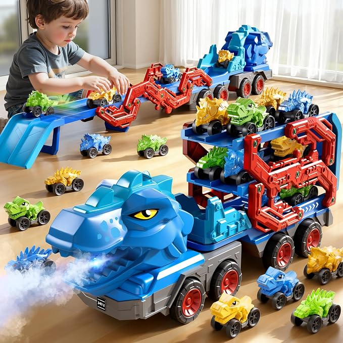 PEADUCK Toddler Car Truck Toys for Kids Ages 3-5, 10-in-1 Dinosaur Carrier Truck with Foldable Track Toys with Spray, Light & Sounds and 9 Dino Cars, Birthday Gift for 3 4 5 6 7 8 Years Old Boys Girls