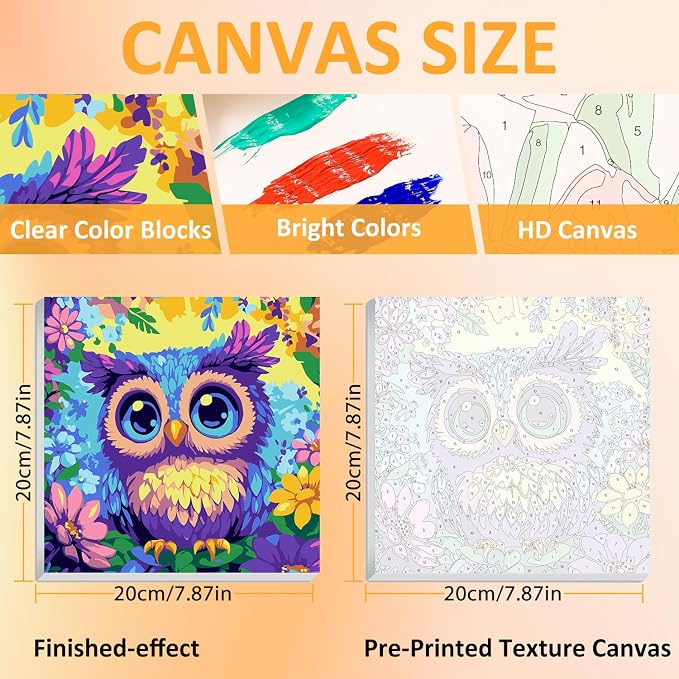 Owl Paint by Numbers Kit for Kids with Frame, Owl Paint by Numbers for Kids Ages 4-8-12, DIY Acrylic Oil Painting for Home Wall Art Decor Gift 7.8x7.8 inch (with Frame Easel)