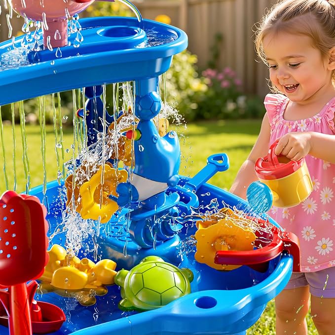 JUKUDAHU 3-Tier Water Table for Kids Ages 4-8 3-5, Sand and Water Table for Toddler with Beach Toys, Outdoor Toys Activity Sensory Play Table, Birthday Gifts for Toddlers 2 3 4 5 6 7 8 Boys Girls