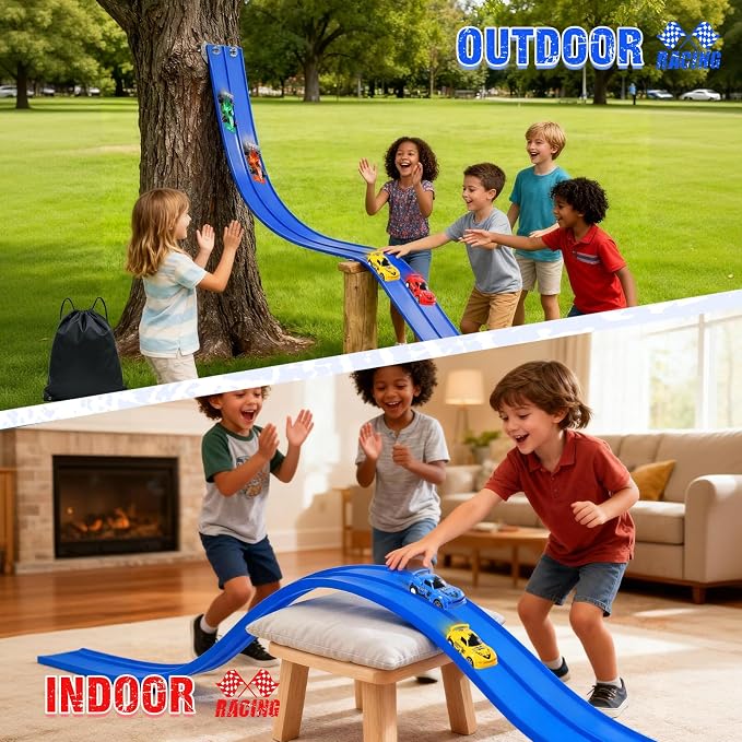 20 Ft Flexible Race Track Toys, Flex Race Car Ramp Track with 4 Race Cars & Suction Cups Rolls Up Portable DIY Race Track Anti Gravity Car Track Set,Kids Racecar Track Toy(Blue)