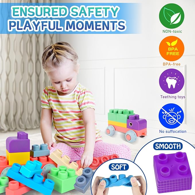 Baby Building Blocks Set, 80PCS Blocks for Babies 6 Months and Up | Rubber Soft Blocks with Storage Bucket, Large Building Blocks, Educational Stacking Toys, Toddler Gifts