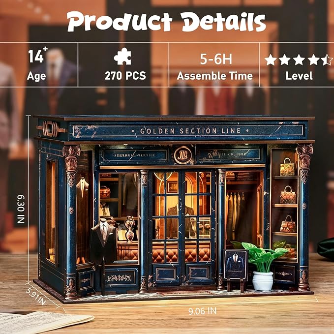 Book Nook Kit DIY Miniature Dollhouse Kit 3D Wooden Puzzles Gentleman's Clothing Store Tiny House Bookshelf Decor with LED, DIY Craft Gift for Adults Teens- Golden Section Line
