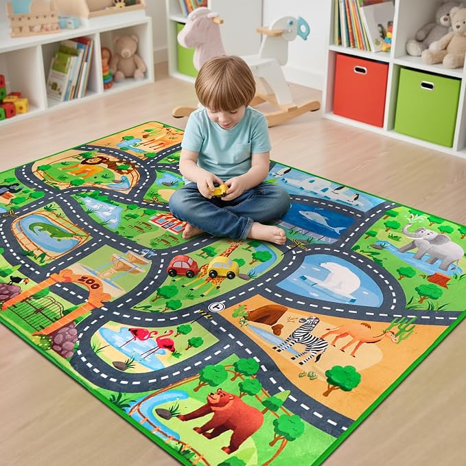 Car Rug Play Mat,4'11" x 6'7" Zoo Park Road Car Mat for Kids,Non-Slip Animal Car Track Rugs for Kids Toy Cars,Educational Kid Road Playmat Rug for Playroom Bedroom Kid Room(for Age 2+)