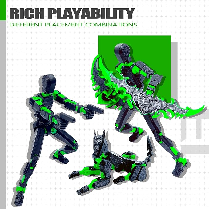 Uodofy (Assembly Completed) T13 3D Action Figure Set,Dummy Robo Titan 13 Action Figures,3D Printed Multi-Jointed Toy (Black + Green)