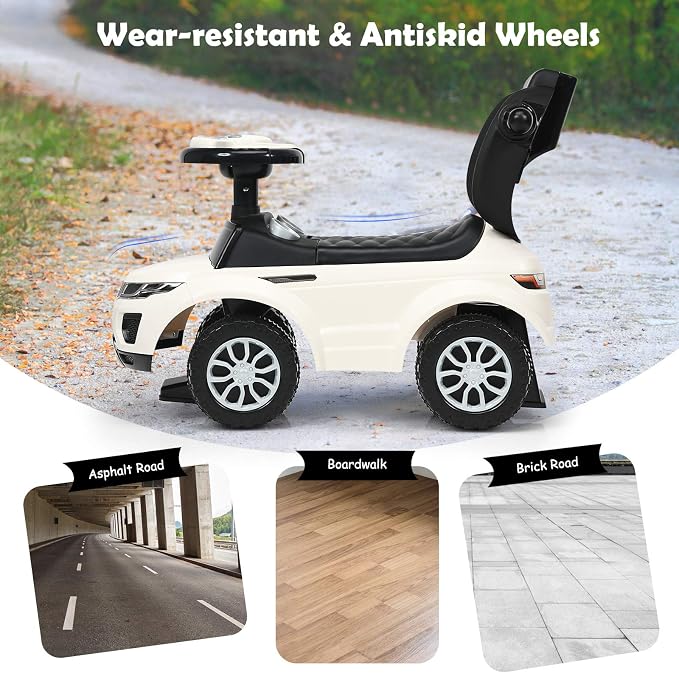Costzon 3 in 1 Ride on Push Car, Stroller Sliding Walking Car with Horn, Music, Light, Under Seat Storage, Parental Handle, Armrest Guardrails, Ride on Toy for Boys & Girls (White)