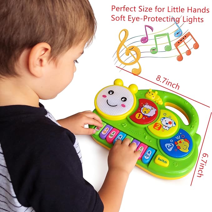 Baby Piano Drum Music Toy 6-12 Months, Caterpillar Light Up Musical Keyboard Animal Sound, Toddler 12-24 Early Learning Educational Interactive Infant Toys Girl Boy Gift 1 Year Old