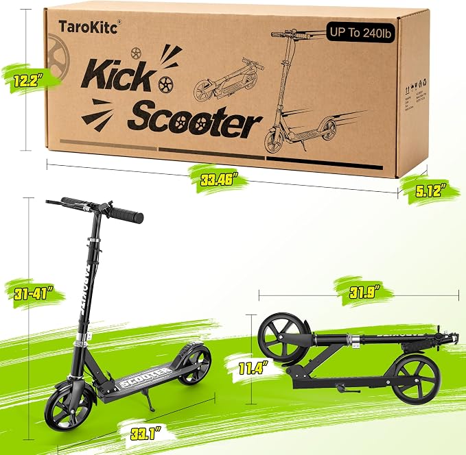 TaroKitc Kick Scooter for Kids 8-12, Teens & Adults | 240 LBS Max Load, Hand Brake & Bell, Lightweight, Foldable 8-Inch Big Wheel Scooter with 4 Adjustable Height Levels | Park Rides & Commuting