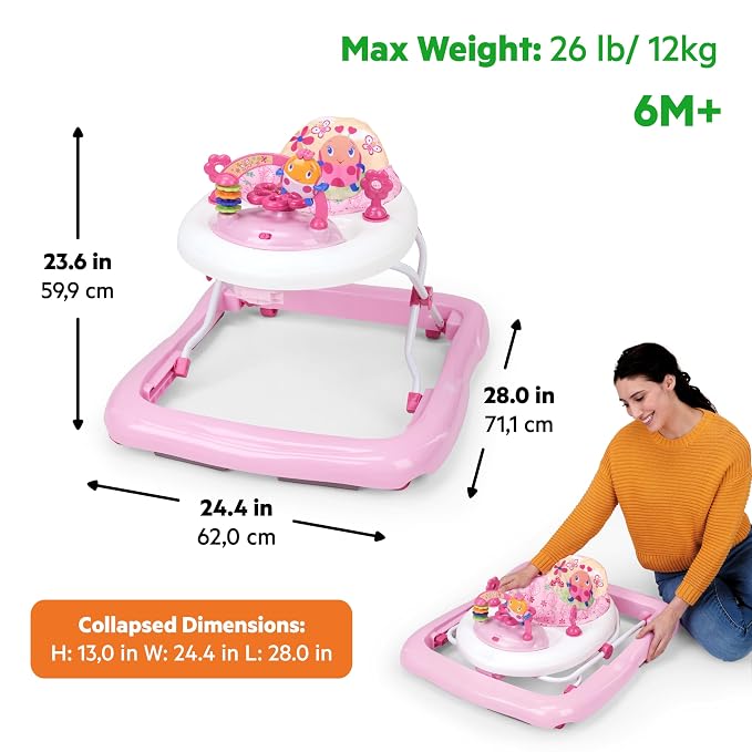 Bright Starts JuneBerry Walk-A-Bout Baby Walker and Entertainer, with Easy Fold Frame for Storage, Ages 6 Months +