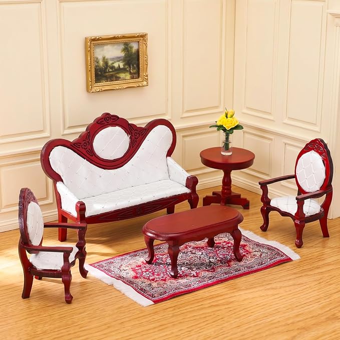 Skylety 7 Pcs Victorian Dollhouse Furniture Set 1: 12 Scale Wooden Mini House Living Room Furniture and Accessories, Sofa Table Chairs Vase for Adults Toys Gift Retro Miniature Doll House Accessories