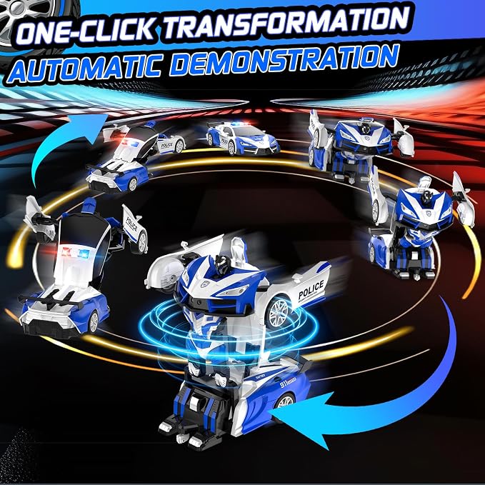 Remote Control Car with One Button Transformation, RC Cars Transforming into Robot, 2.4Ghz 360 Degree Rotation Police Car with Light, 1:18 Scale Transform Toys for Boys Girls Kids 4-7 8-12 6-8