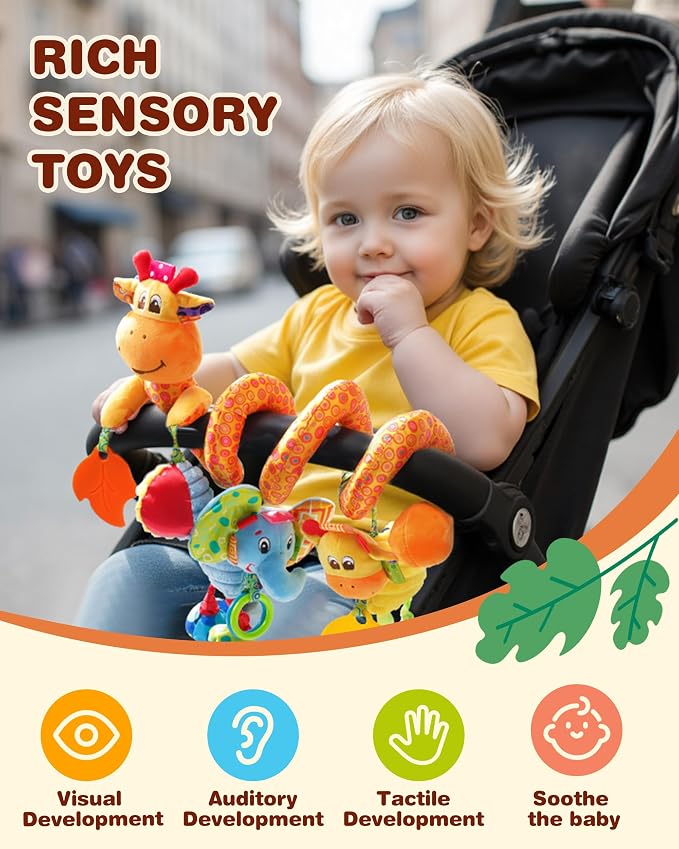Jollybaby Crib Stroller Car Seat Toys for Baby 0-3-6-9-12 Months, Tummy Time Hanging Sensory Toys for Newborn with Music Box and Teether, Spiral Carseat Toy for Infant Boys Girls Gifts (Giraffe)