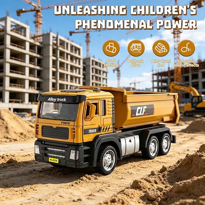 4-Pack Die-Cast Construction Vehicle Set, 1:50 Dump Truck, Road Roller, Cement Mixer & Concrete Pump Truck, Realistic Functional Toys for Kids 3-9