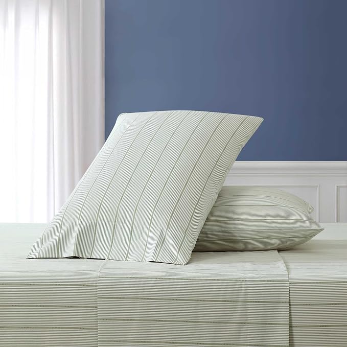 Nautica - Twin Size Sheets Set, Crisp & Tailored Floral Bedding with a Smooth Cotton Percale, Bed Sheets with Matching Pillowcase & Fitted Sheet (Ellipse Stripe Green)