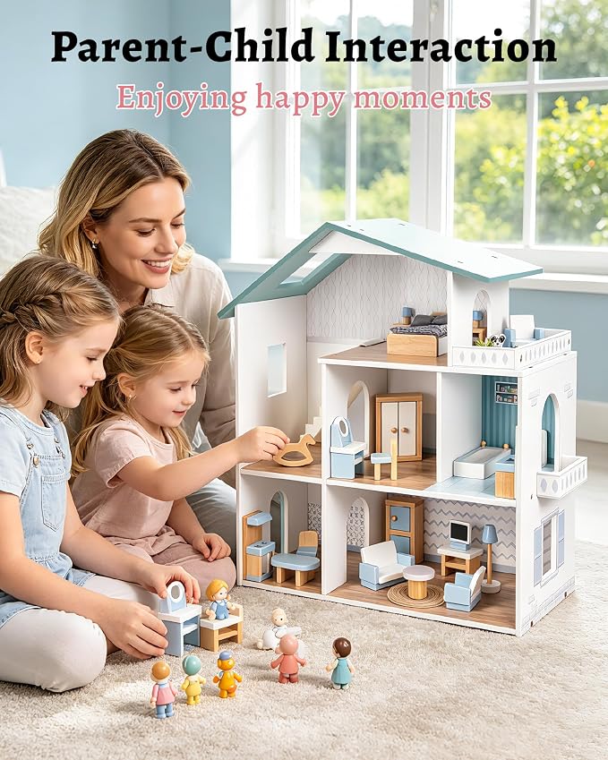 Pterying Wooden Dollhouse for Kids - Doll House with 6 Rooms & 29 Mini Furniture Pieces, Miniature House Kit, Easy Assembly, Pretend Play Toy for Boys & Girls Ages 3+, Fits 4-6 Inch Dolls