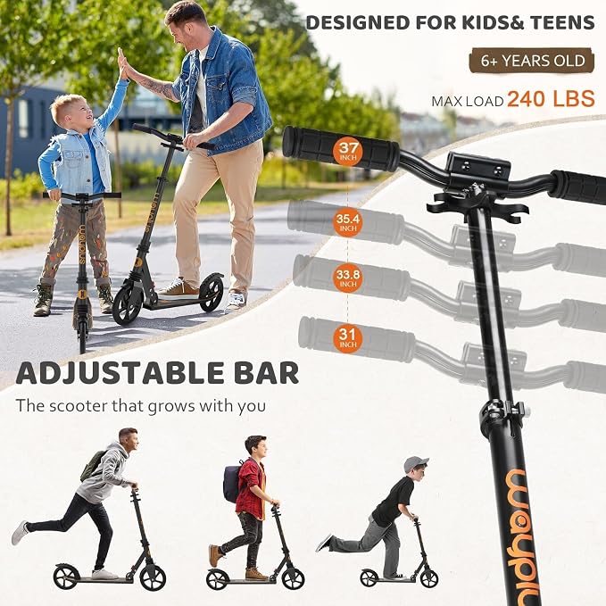 WAYPLUS KS1 Kick Scooter for Ages 6+,Kid, Teens & Adults. Max Load 240 LBS. Foldable, Lightweight, 8IN Big Wheels for Kids, Teen and Adults, 4 Adjustable Levels. Bearing ABEC9 FED Fitness
