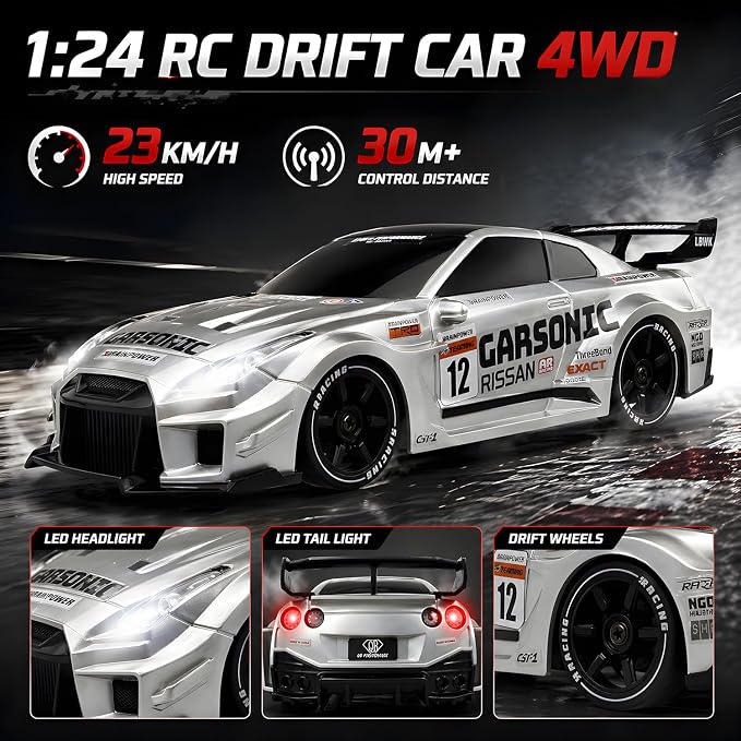 HTURCCOP 1:24 RC Drift 2.4GHz with LED Light Race Car Toys for Boys and Girls Aged 6+ Speed Adjustable up to 23Km/H, High-Speed RC Racing Cars Toy Gift for Boys & Girls