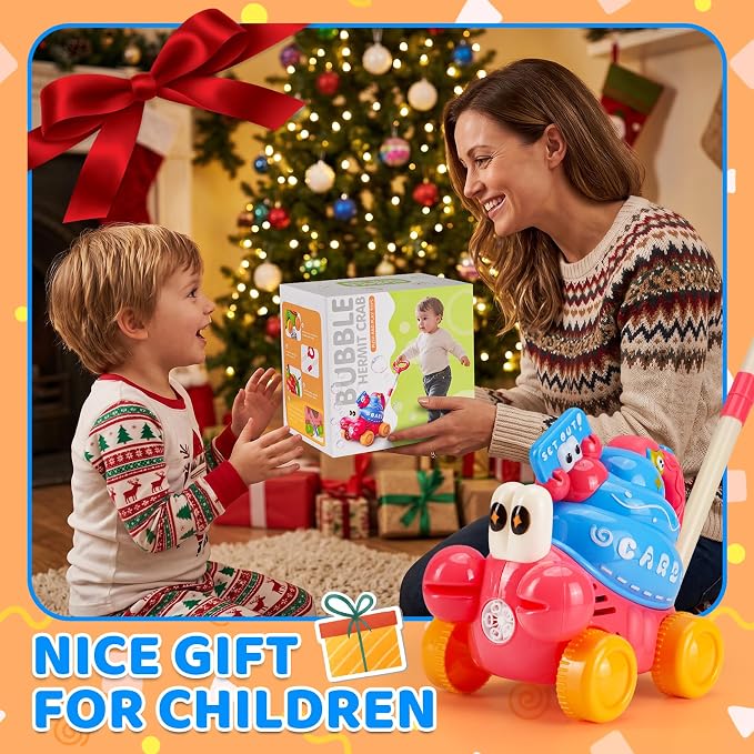 Crab Bubble Machine for Kids,Handheld or Push Bubble Maker Blower,Bubble Lawn Mower W/Lights,Outdoor Toys Birthday Gift for Toddlers Boys Girls 3 4 5 6 Years Old (USB Rechargeable)