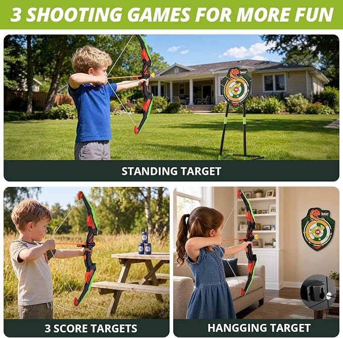HYES Bow and Arrow for Kids, LED Light Up Archery Set with 12 Suction Cup Arrows, 1 Standing Target, 3 Score Targets & 1 Quiver, Indoor Outdoor Sport Gifts for Boys Girls Ages 4-12, Green