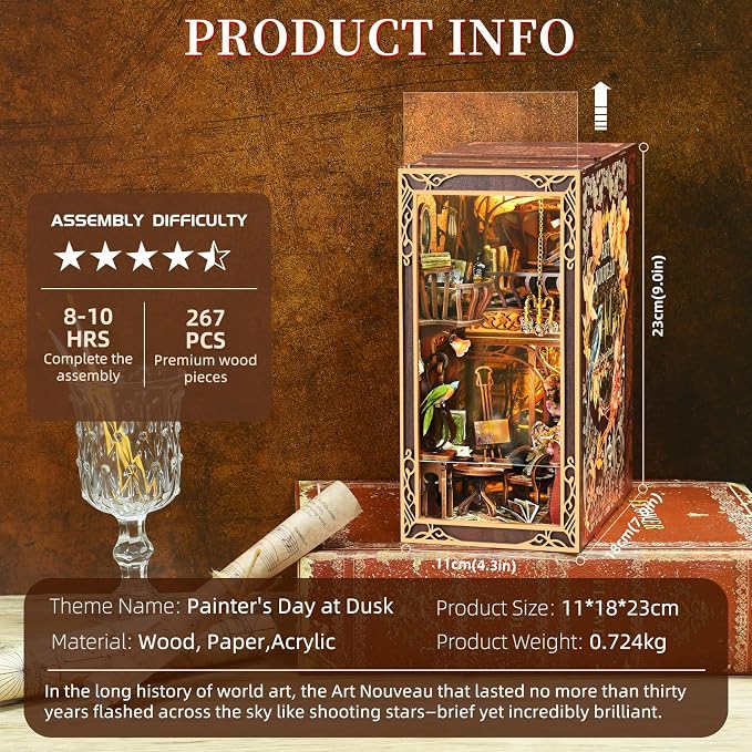 MiniCity Book Nook Kit, DIY Miniature Dollhouse Booknook Kit, 3D Wooden Puzzle Bookend Bookshelf Insert Decor with LED Light for Teens and Adults, Painter's Day at Dusk