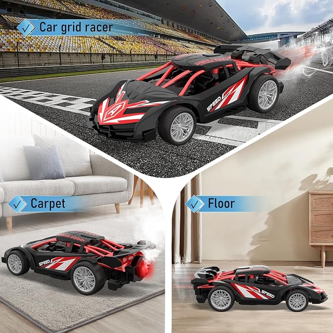 1/18 RC Car for Kids with Rechargeable Battery, LED Lights & Spray - Remote Control Car for Boys, Small RC Drift Cars for Ages 4-7 8-12(Black & Red)