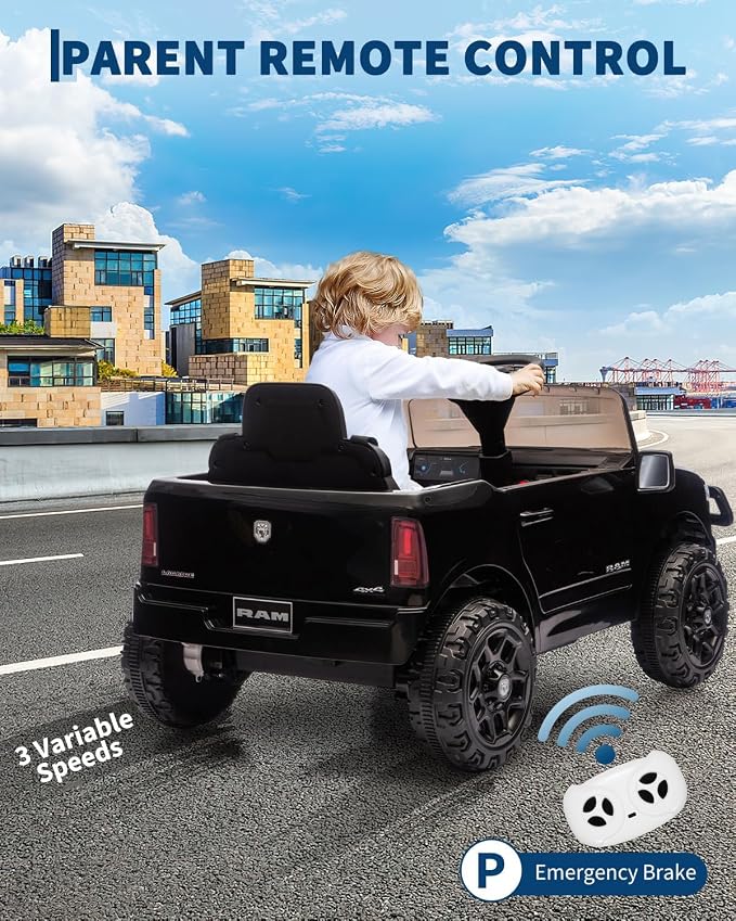 Garvee Kids Ride On Cars, Licensed RAM 12V Electric Ride On Truck Car w/Remote Control, Electric Pickup Car for Toddlers, Spring Suspension, LED Lights, Music, Ride On Toys for Boys Girls