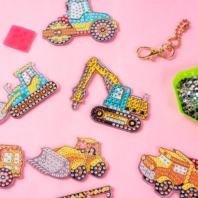 Labeol Arts and Crafts for Kids Ages 8-12 - Creat Your Own GEM Keychains-5D Diamond Art by Numbers GEM Art Kits for Kids Girls Toddler Crafts Age 6-7 6-8 10-12 (Engineering Vehicles)